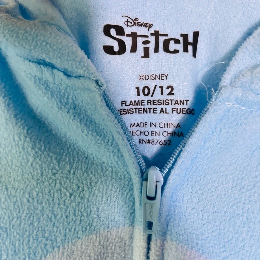 Disney Stitch Blue Fleece‎ Hooded Union Suit One Piece Pajamas Kids Sz 10/12